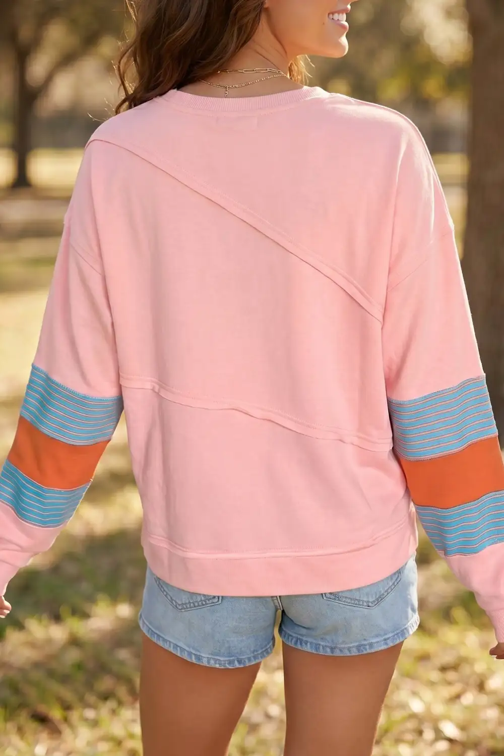 Striped Round Neck Cotton Blend Long Sleeve Top