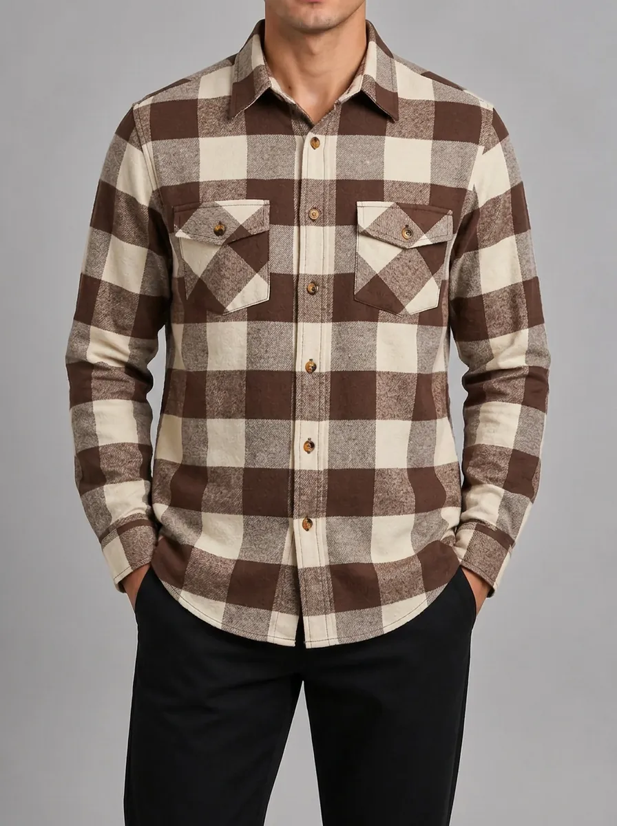 Men's Brown Beige Plaid Pattern Button Down Flannel Shirt