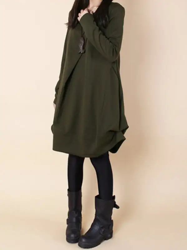 A Line Long Sleeve Pleated Solid Color Round Neck Dress Maxi