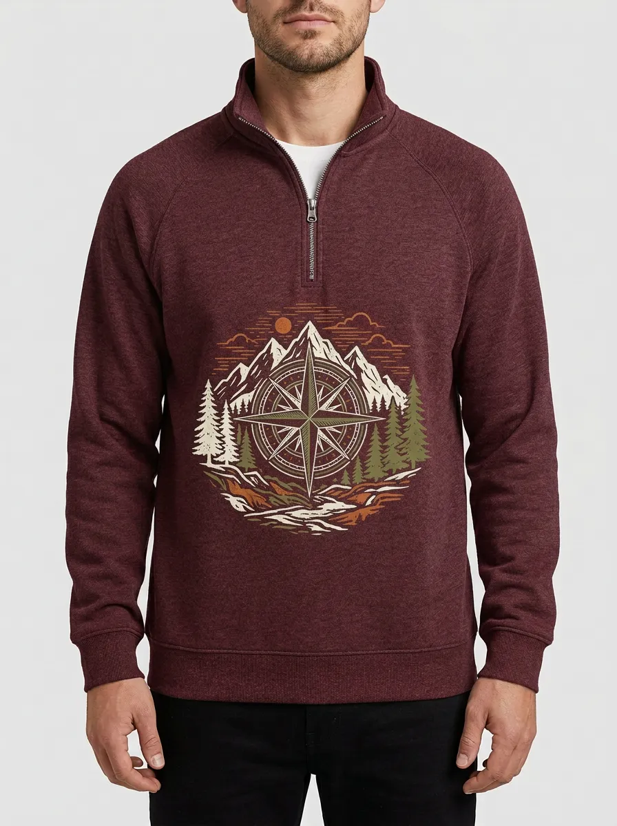 Men's Outdoor Compass Mountain Graphic Zip-Neck Sweatshirt