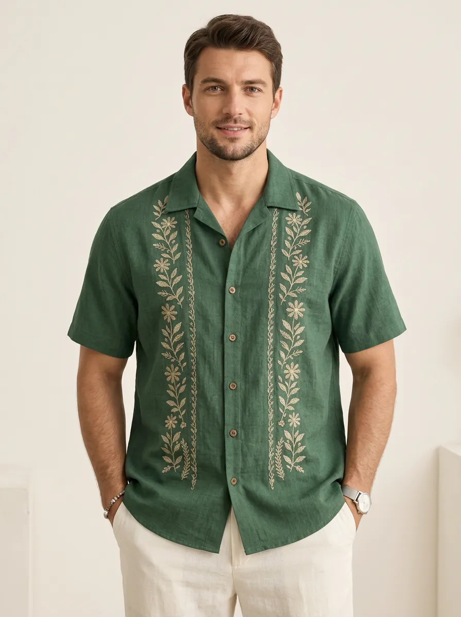 Men's Everyday Floral Embroidered Linen Shirt