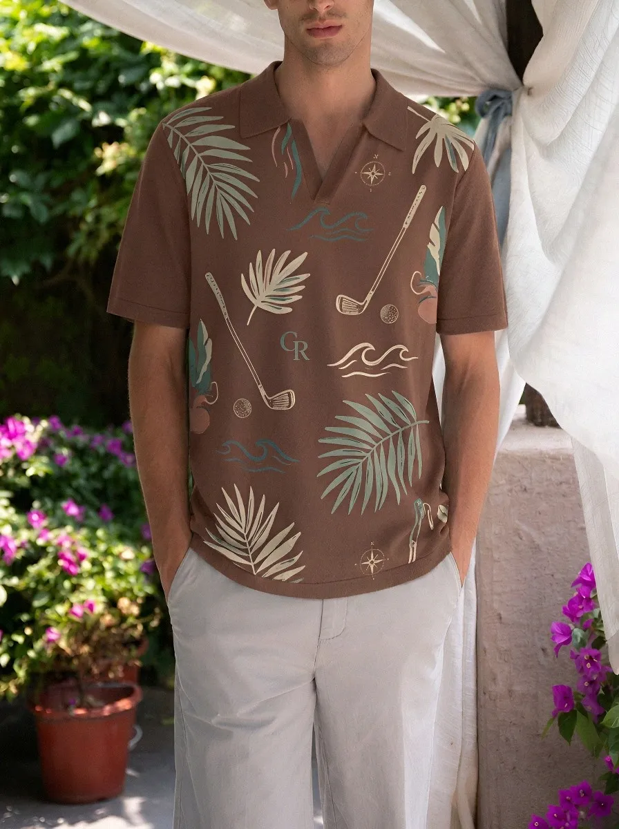 Men's Golf Tropical Palm Leaf Printed Polo Shirt