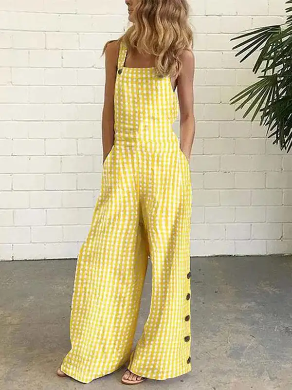Contemporary Loose Sleeveless Buttoned Plaid Pockets Collarless Overalls
