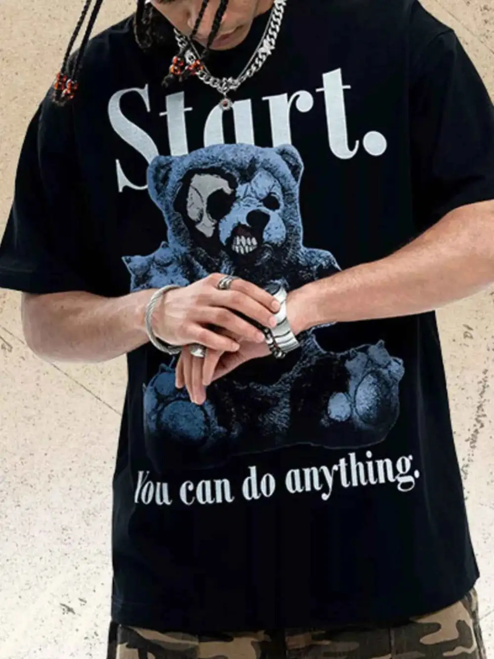 Teddy Bear Graphic Round Neck Oversized T-Shirt