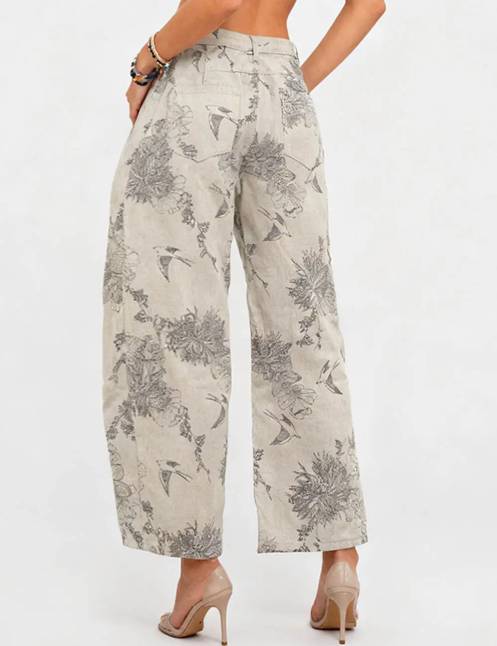 Color Block Floral Print Pocket Barrel Leg Denim Pants