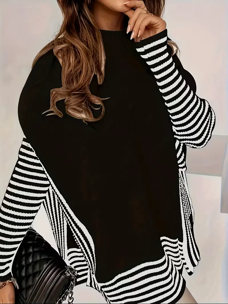 Women's Striped Patchwork Print Batwing Sleeve Split Hem Sweater