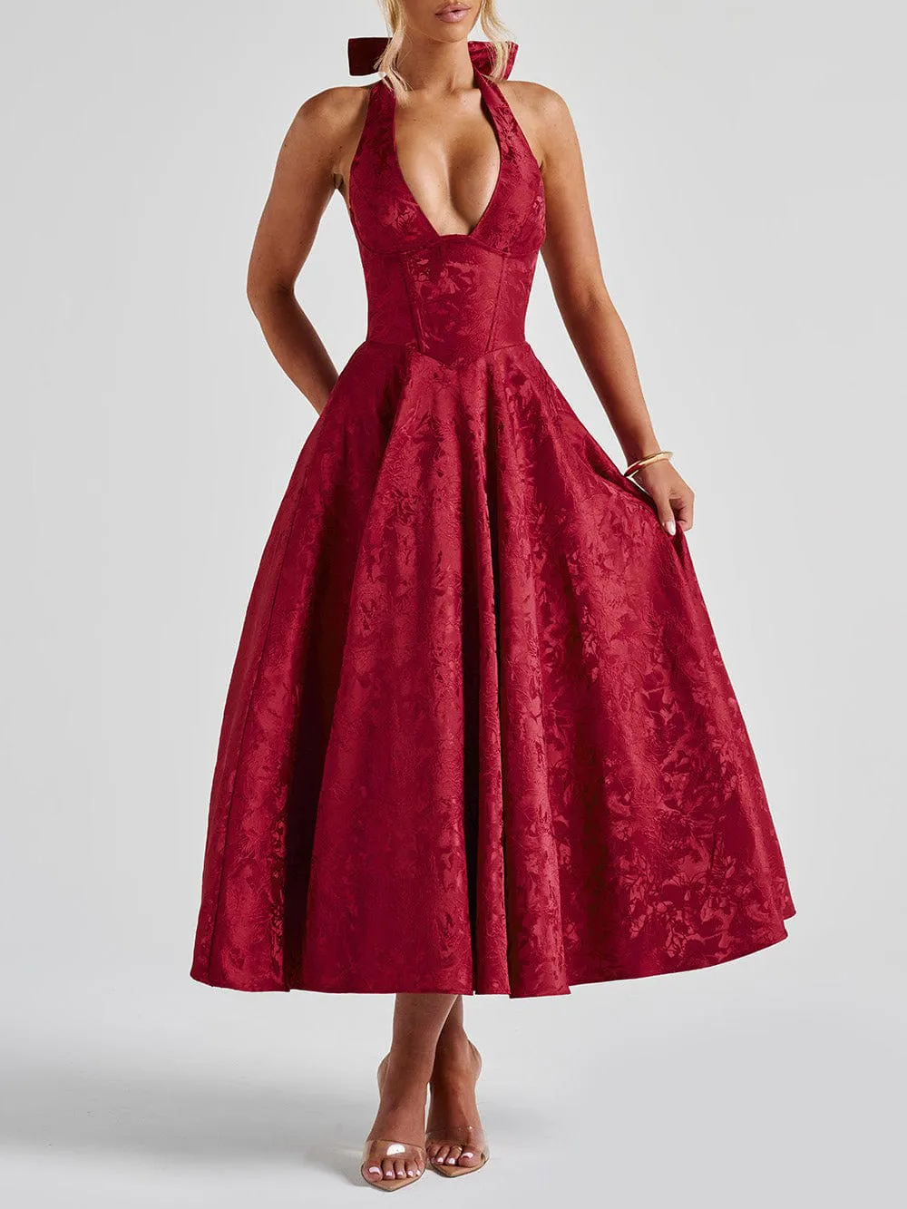 Vintage Elegant Jacquard V Neck Halter Midi Dress