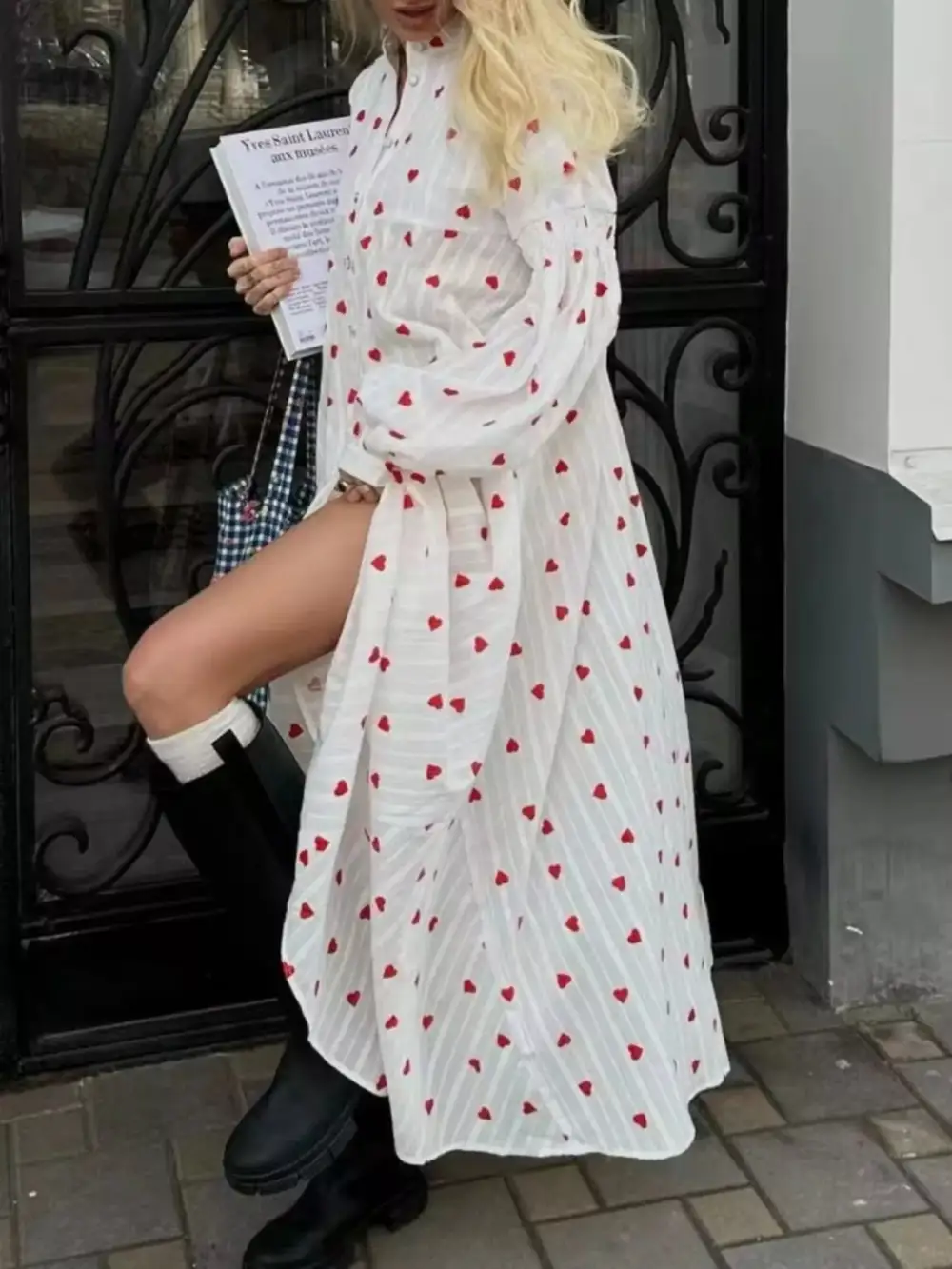 Heart Print Maxi Dress With Puff Sleeves