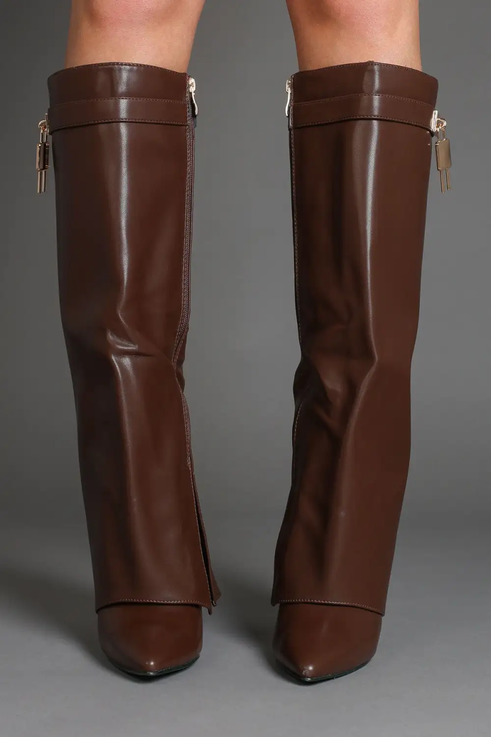 Slouch Fold-Over Padlock Detail Pointed Toe Knee High Boots