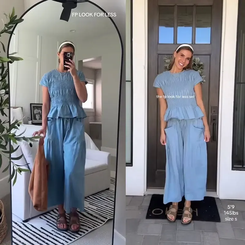 Women's Boho Chic Pleated Top & Wide-Leg Set