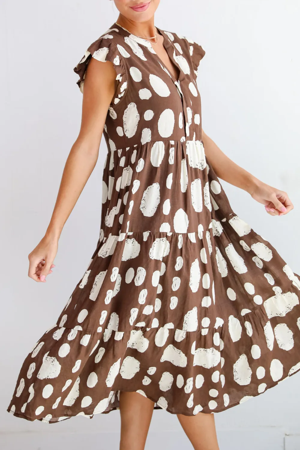 Brown Dotted Tiered Midi Dress