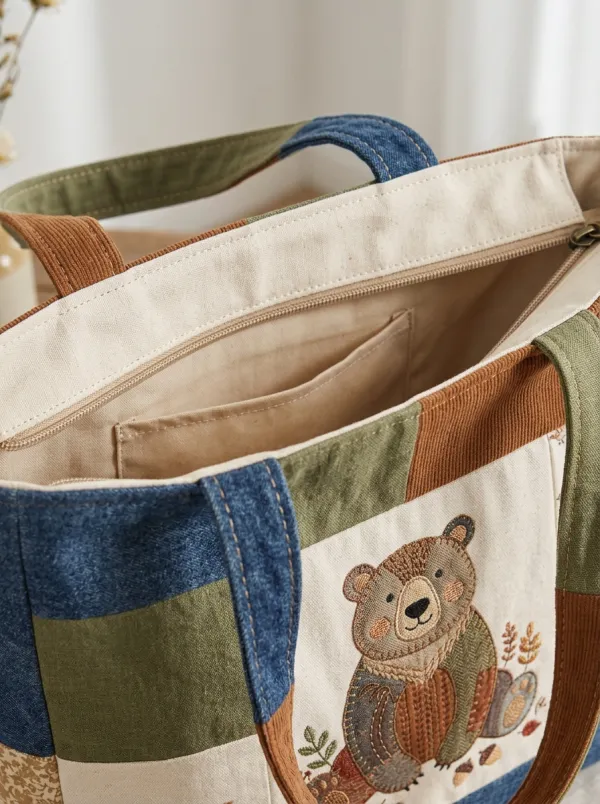 Nature Lover Bear Choose Joy Patchwork Printed Tote Bag