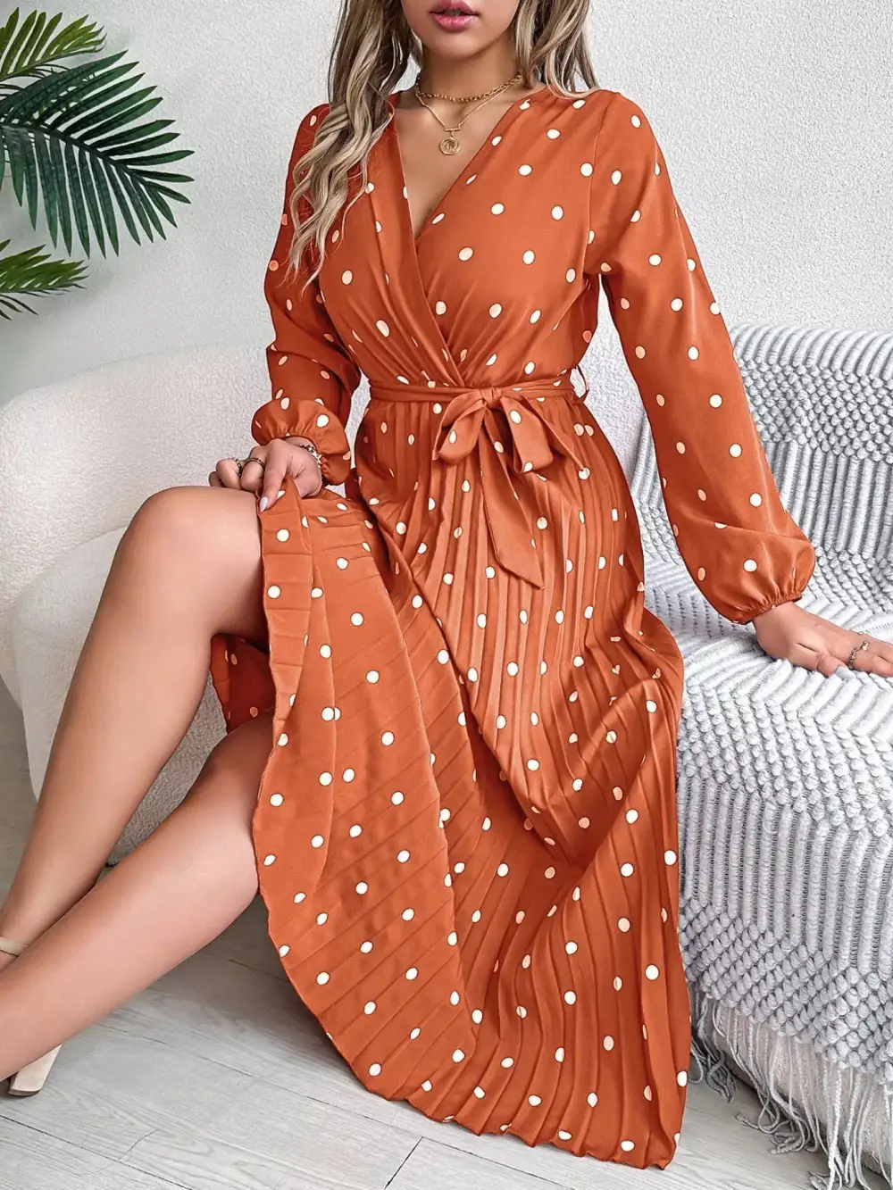 Polka Dot Pleated Midi Dress