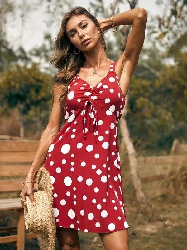 Women Polka Dot Ruched Knot Cami Dress