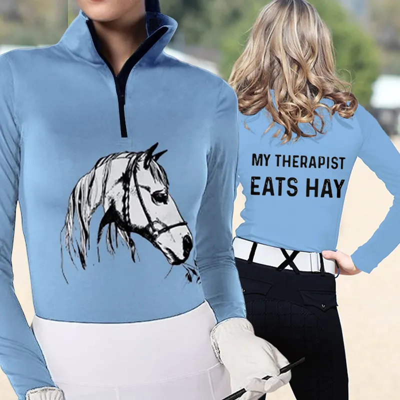 My Therapist Eats Hay Women's Riding Style Horse Print Long Sleeve Casual Shirt
