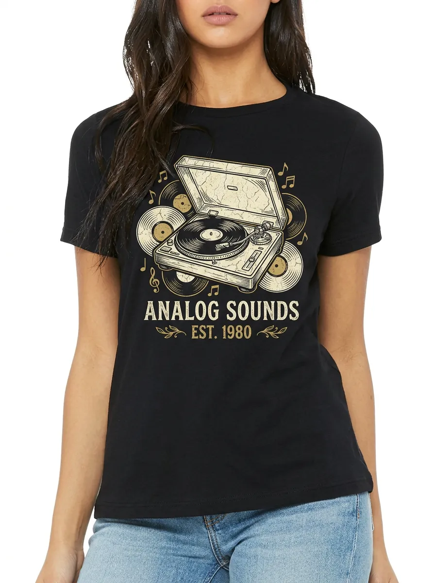 Women's Music Analog Sounds Vinyl Graphic Crewneck T-Shirt
