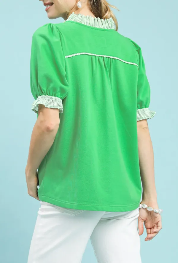 Cotton French Terry Ruffle Trim Puff Sleeve Top