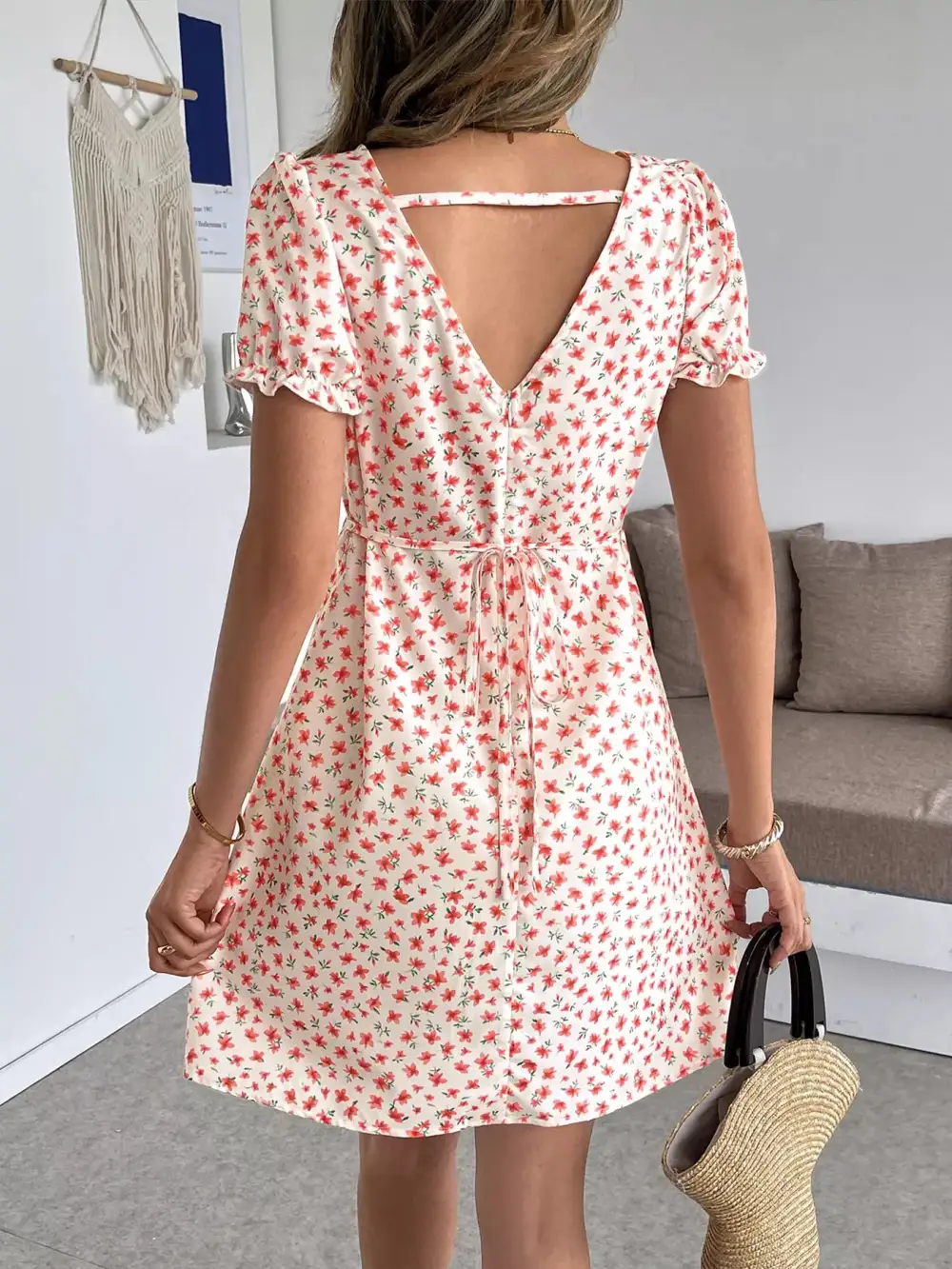 Polished Detail Floral Printed V Neck Mini Dress