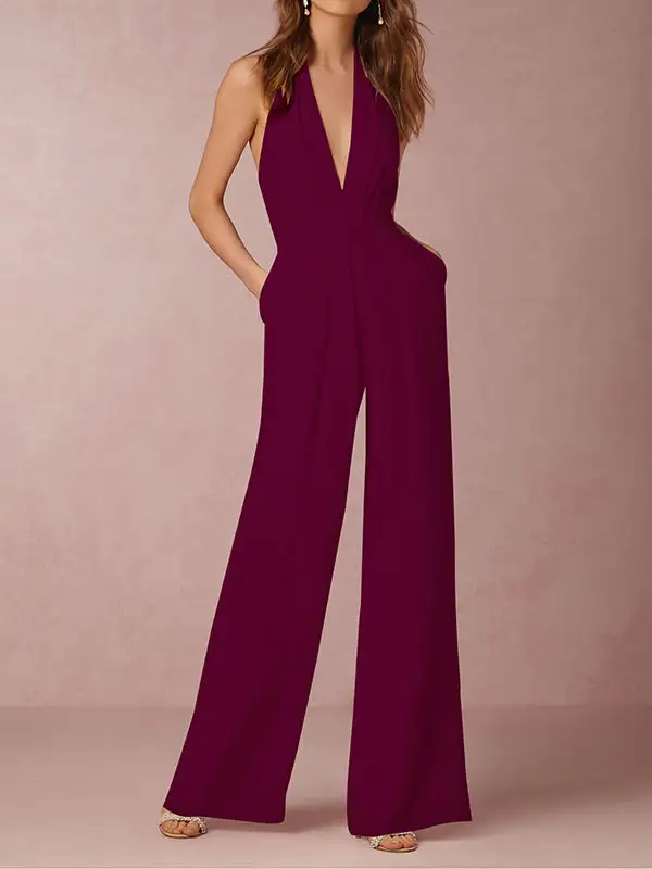 Mouwloze Jumpsuits Met Wijde Pijpen Rugloze Effen Kleur