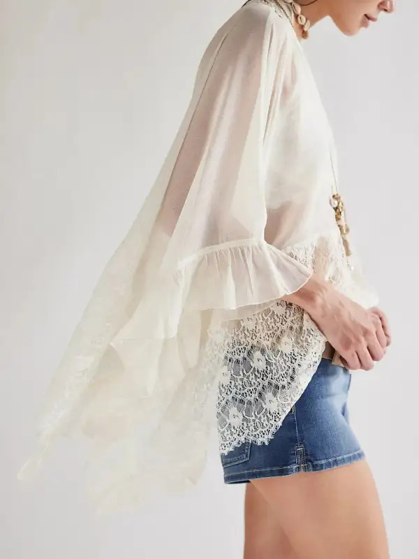 Lace V Neck Ruffle Long Sleeve Swim Cover Up