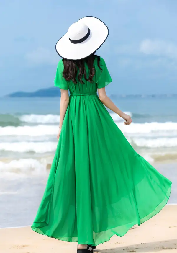 Chiffon Scoop Neck Short Sleeve Maxi Dress