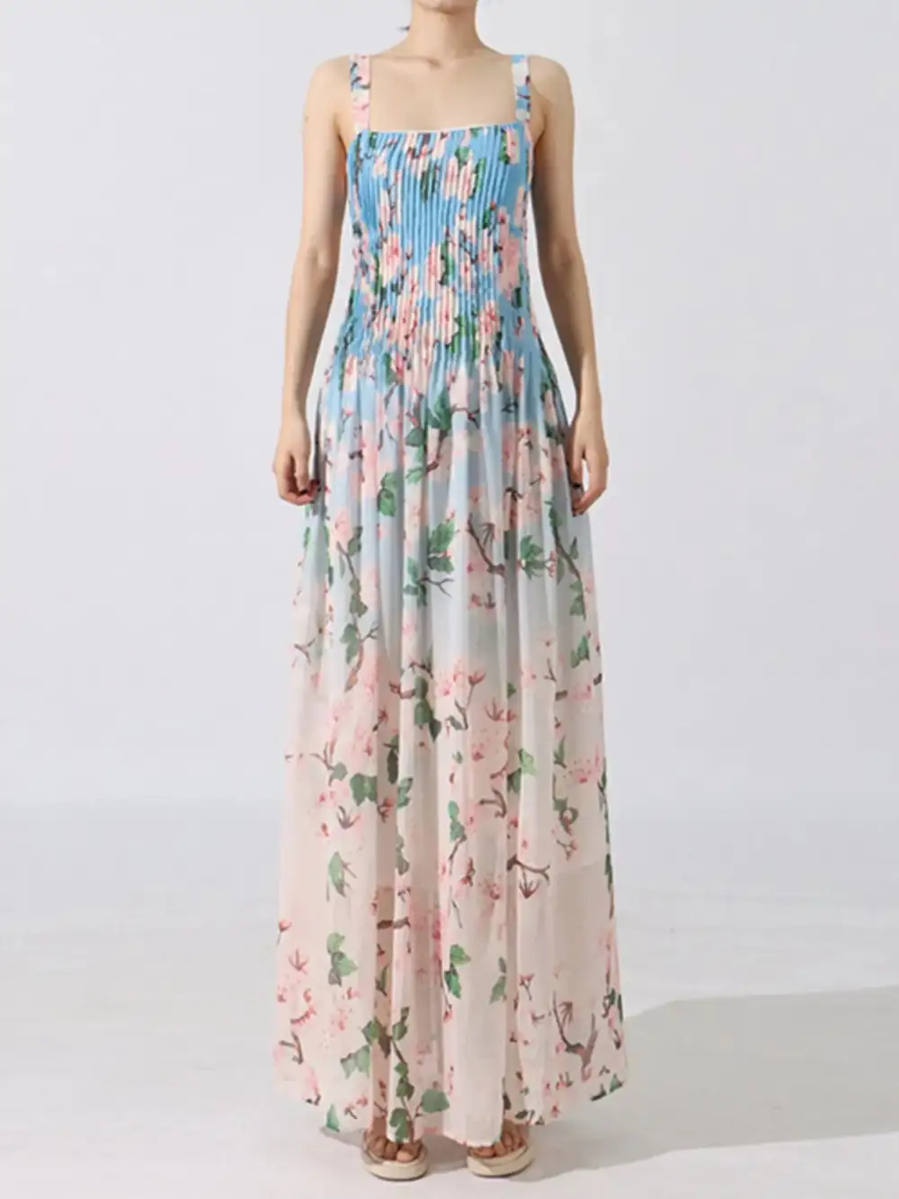 Layered Detail Floral Printed Pleated Maxi Dress
