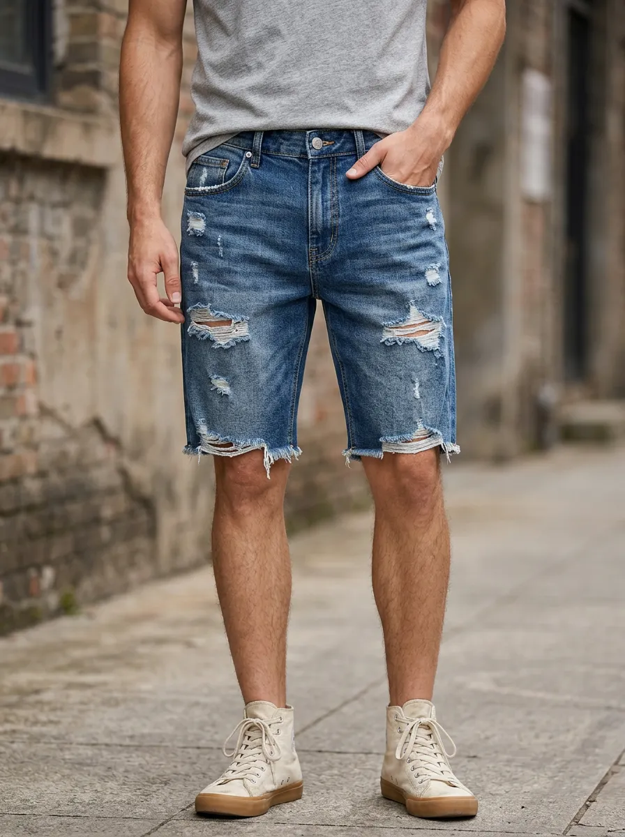 Men's Five Pocket Raw Hem Denim Shorts with Denim Detail