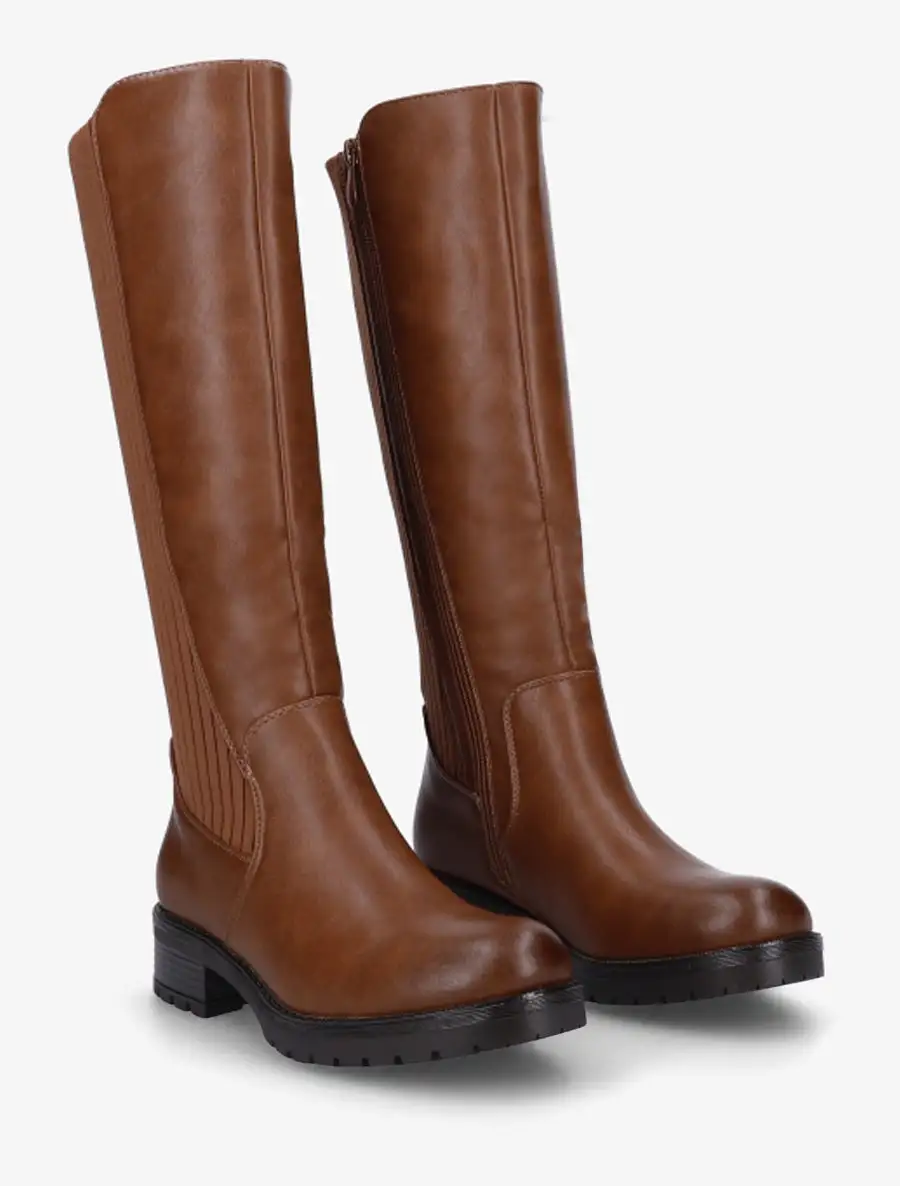 Tailored Stretch Panel Block Heel Faux Leather Knee High Boots