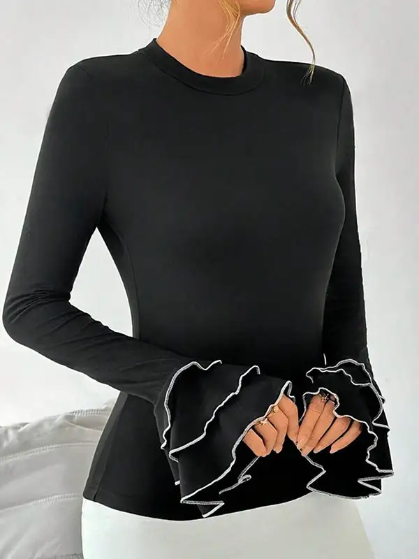 Flared Sleeve Long Sleeve Panel Detail Tiered Round Neck T-Shirt