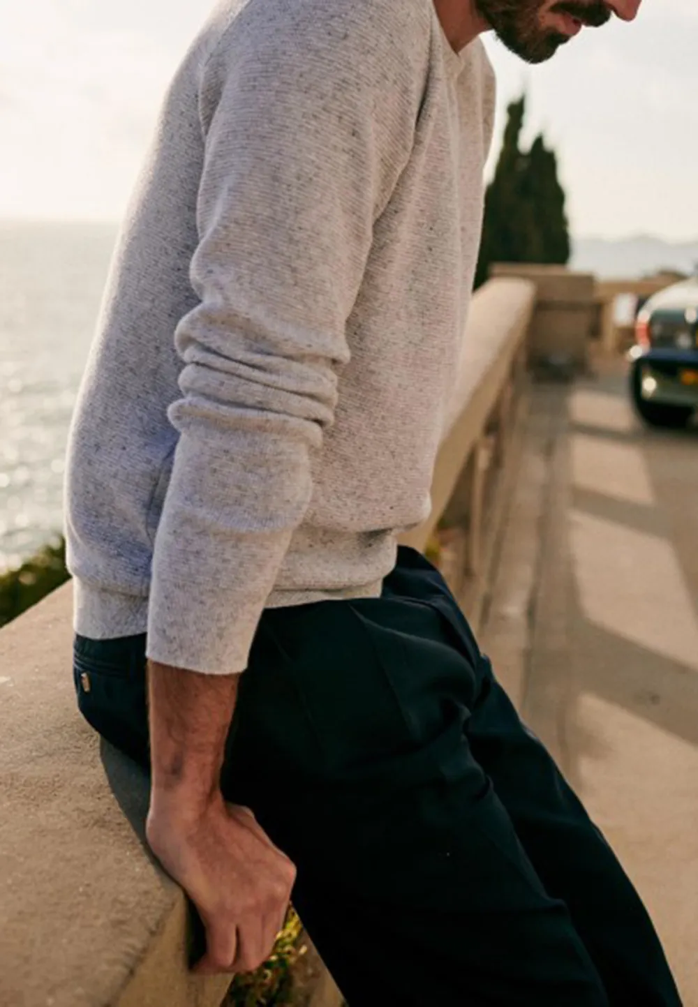 Heather Grey Textured Knit Crew Neck Sweater