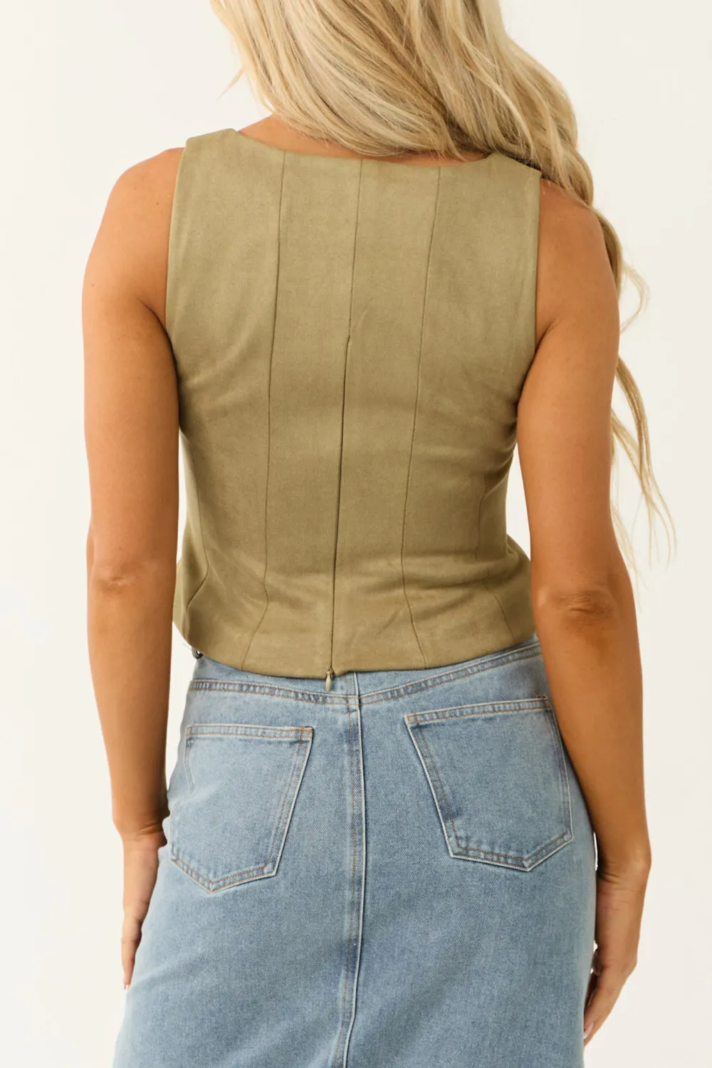 Faded Olive Princess Line Front Tie Cropped Top