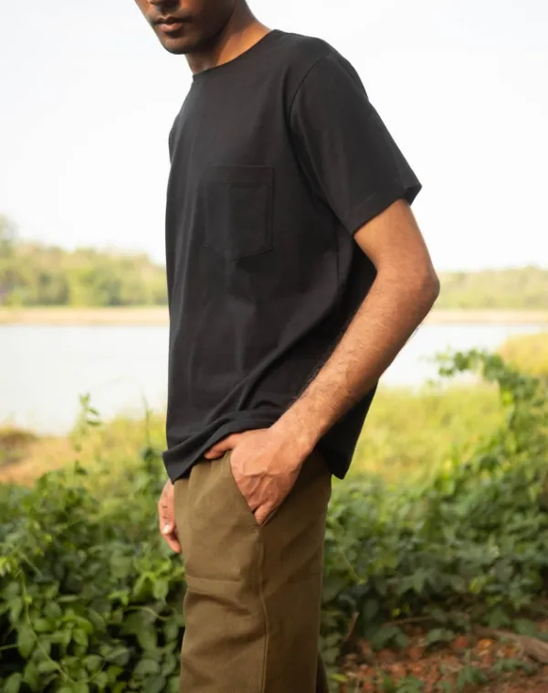 Black Cotton Pocket Crew Neck T-Shirt
