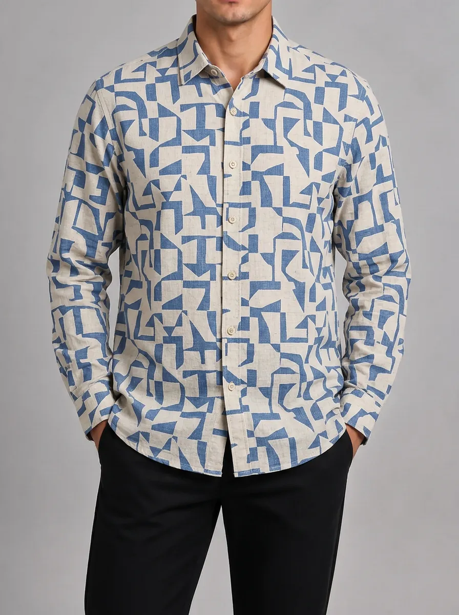 Men's Geometric Abstract Blue Pattern Printed Shirt