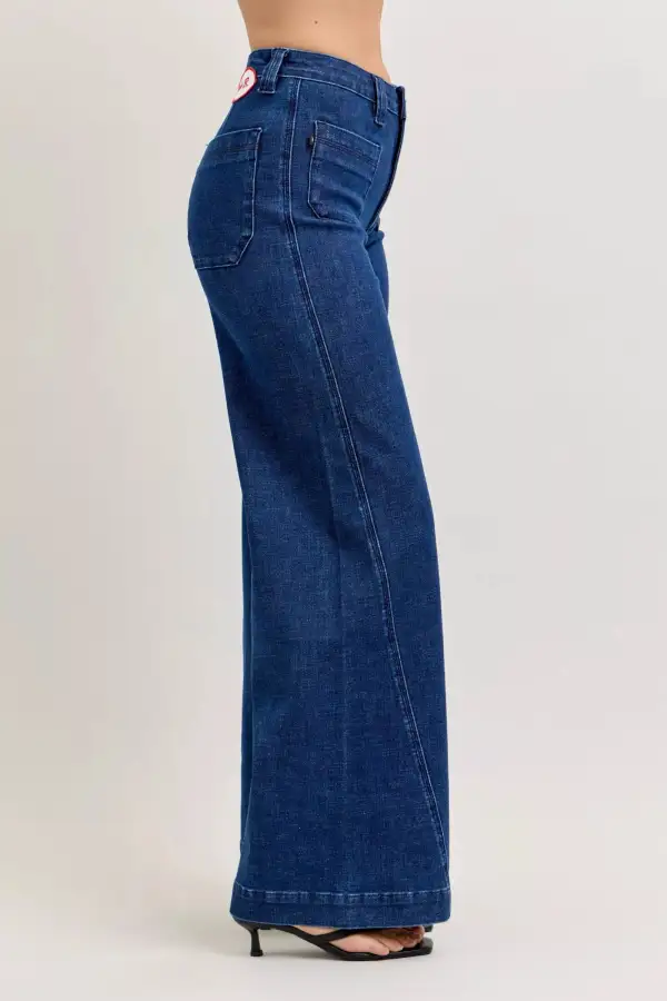 High Rise Patch Pocket Wide Leg Jeans