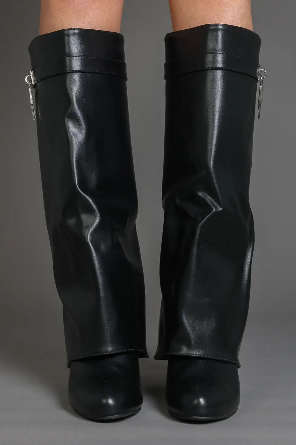 Western Fold-Over Padlock Detail Wedge Knee High Boots