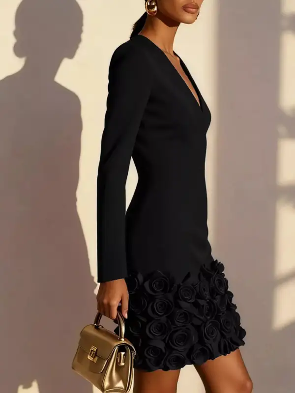 V-Neck Dress With Rose Embellishment