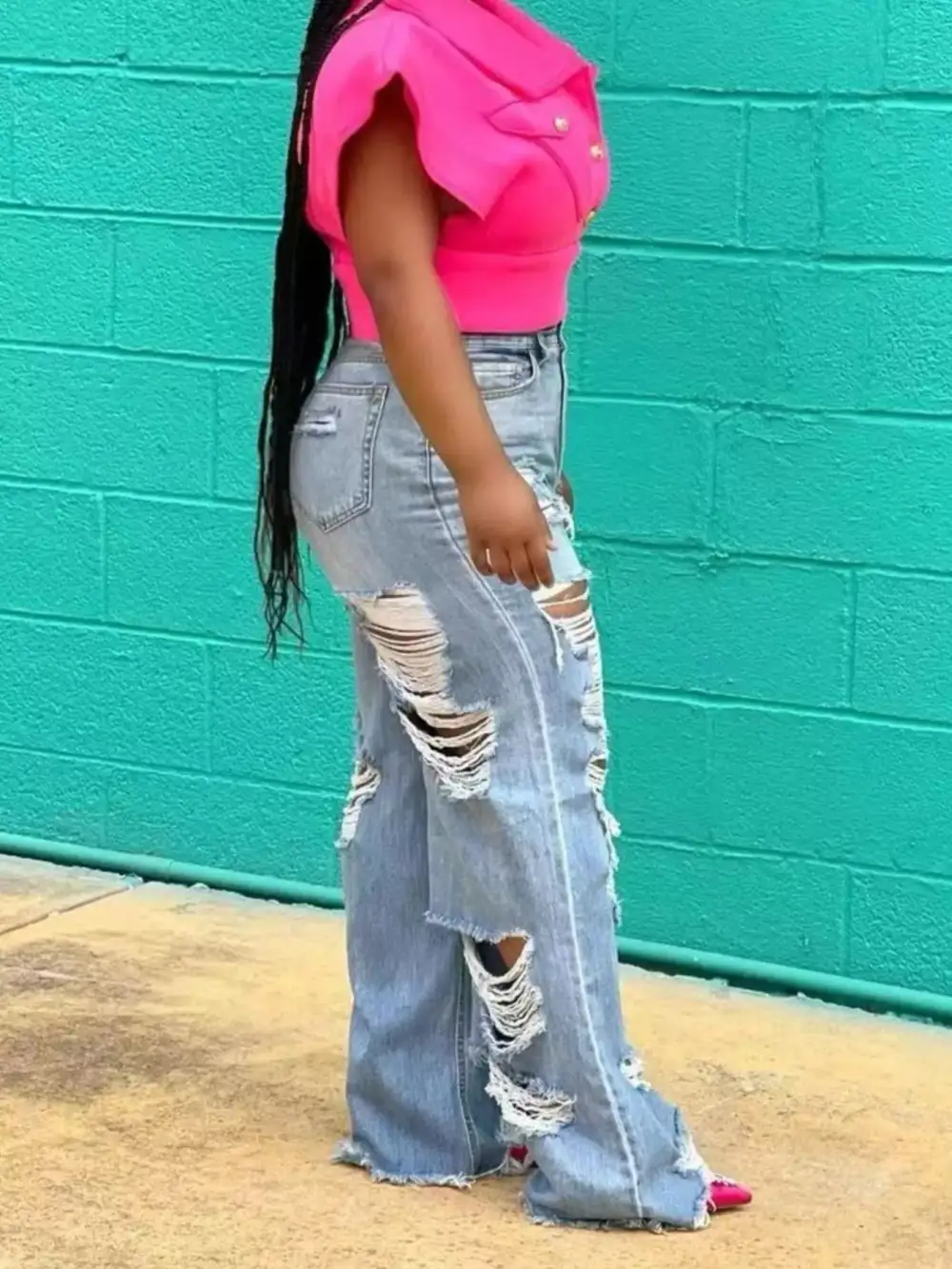 Wide Leg Distressed Denim Jeans