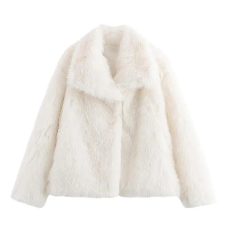 Women's Luxurious Oversize Solid Color Wide Lapel Snap Closure Fuzzy Thermal Outerwear, Fall & Winter Long Sleeve Outerwear, Faux Fur Outfit