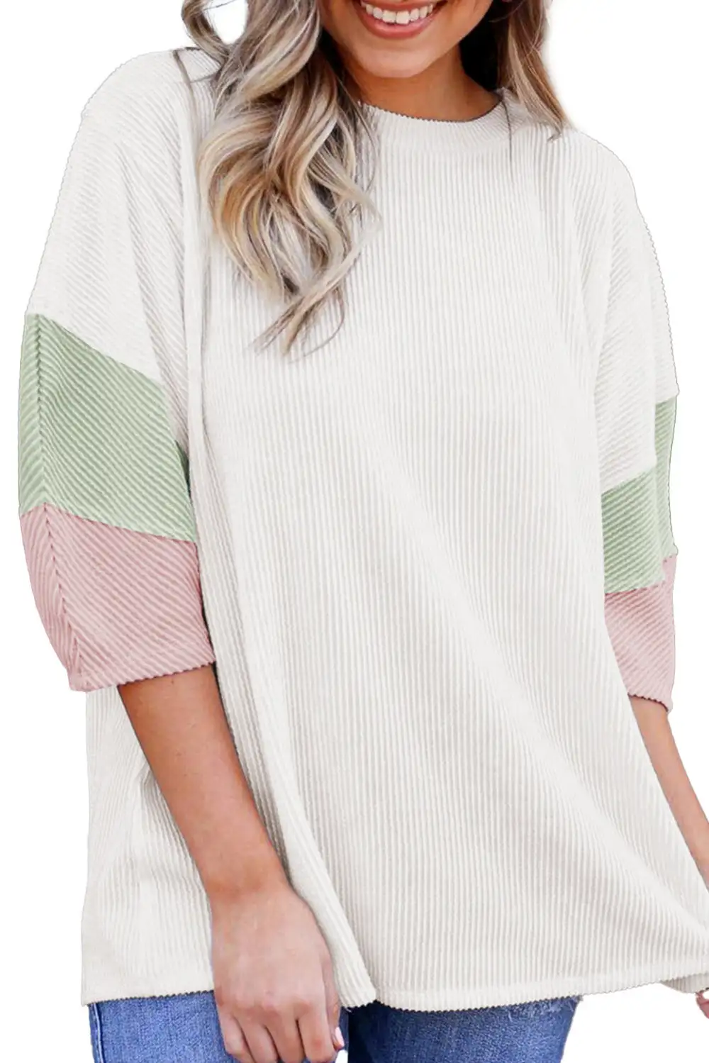White Color Block Ribbed Knit