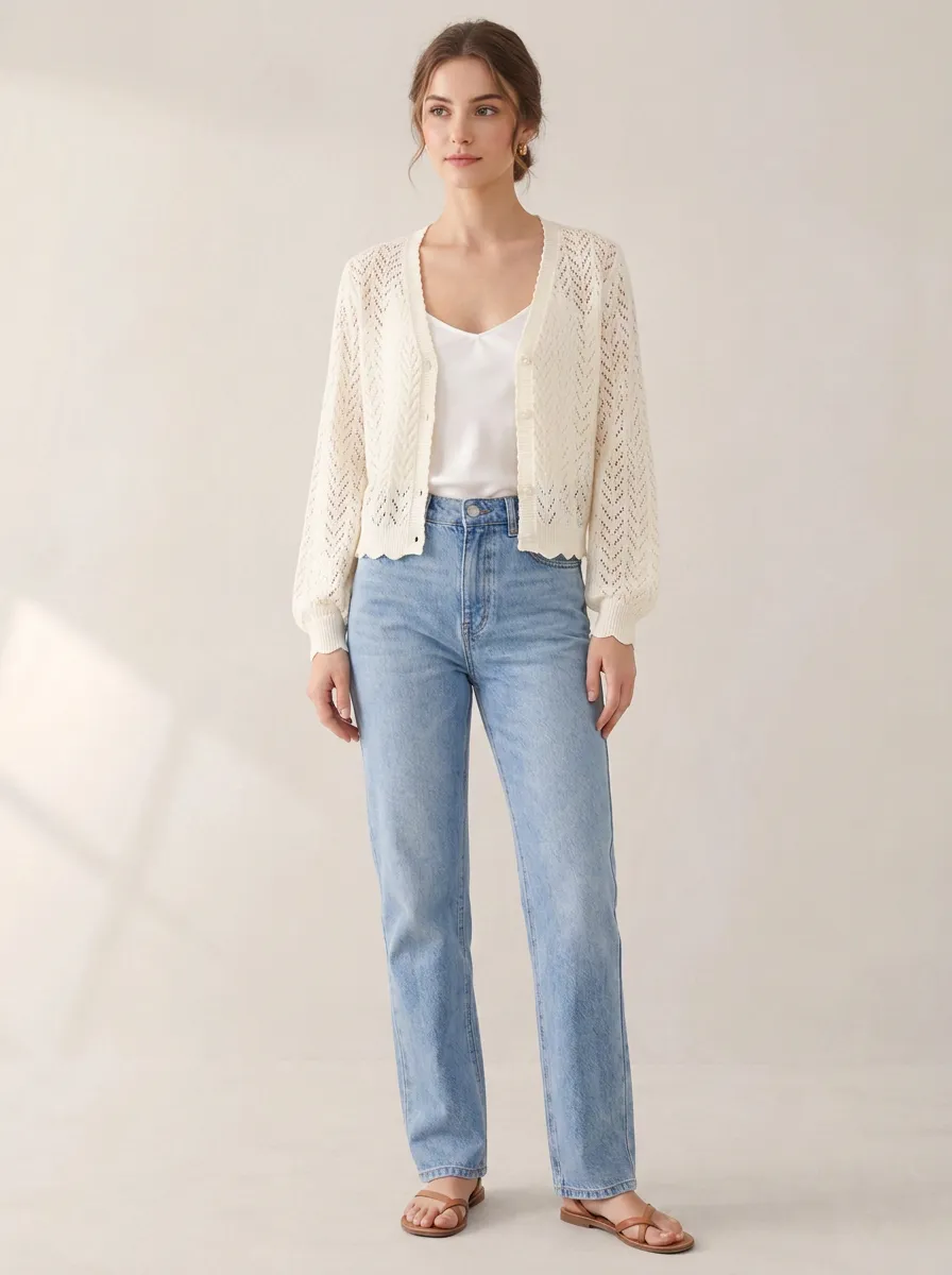 Women's Casual Cream Crochet Knit Button-Down Cardigan