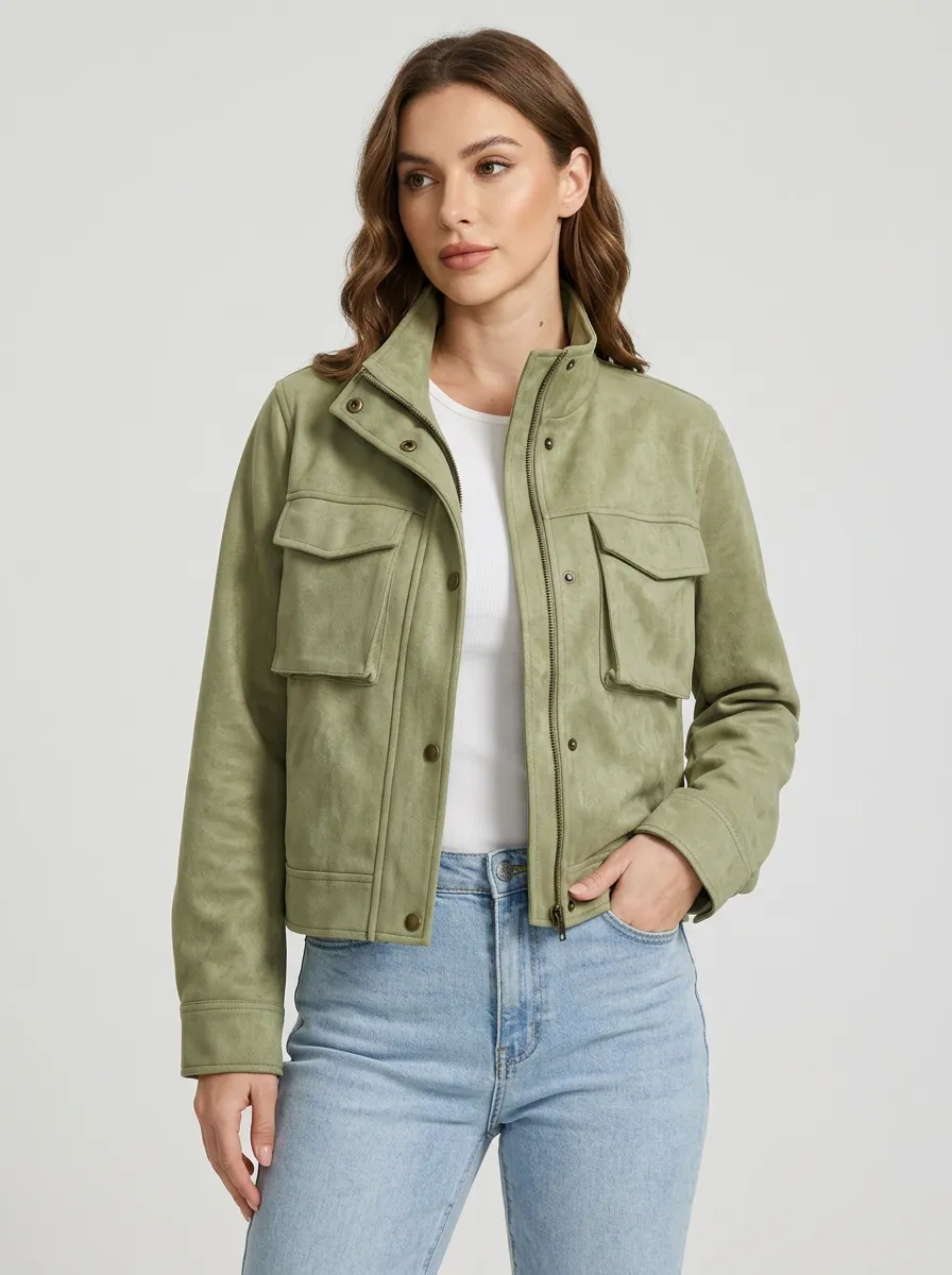 Women's Olive Green Suede Utility Pocket Zip-Up Jacket