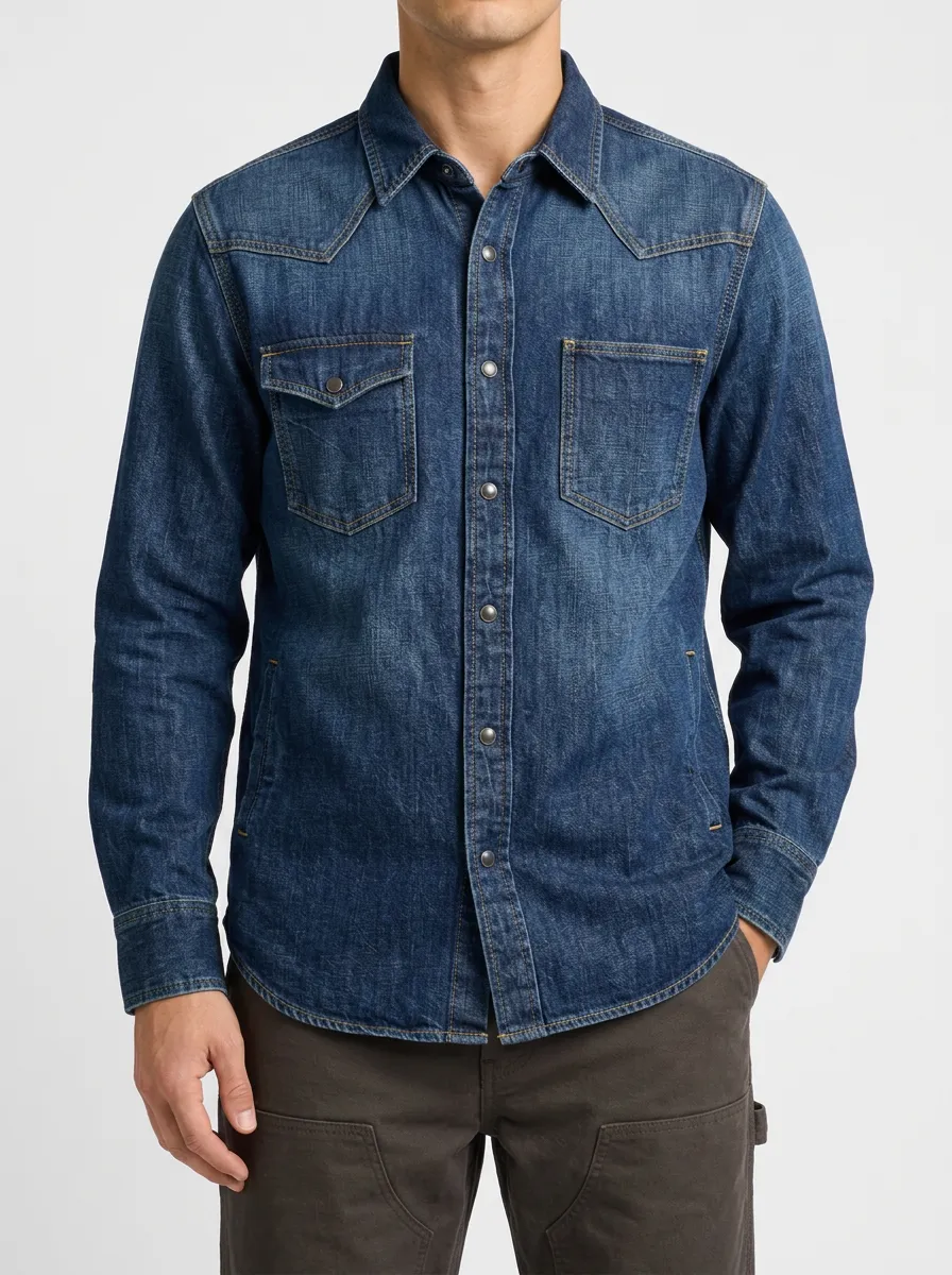 Western-Inspired Vintage-Washed Front-Opening Denim Shirt