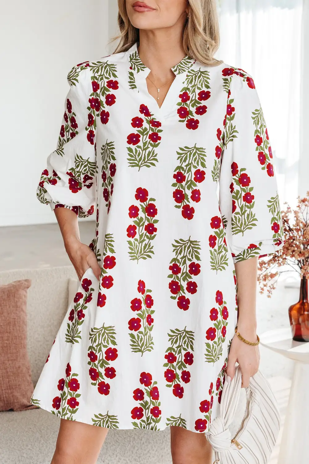 Wearable Cut Floral Printed V Neck Mini Dress