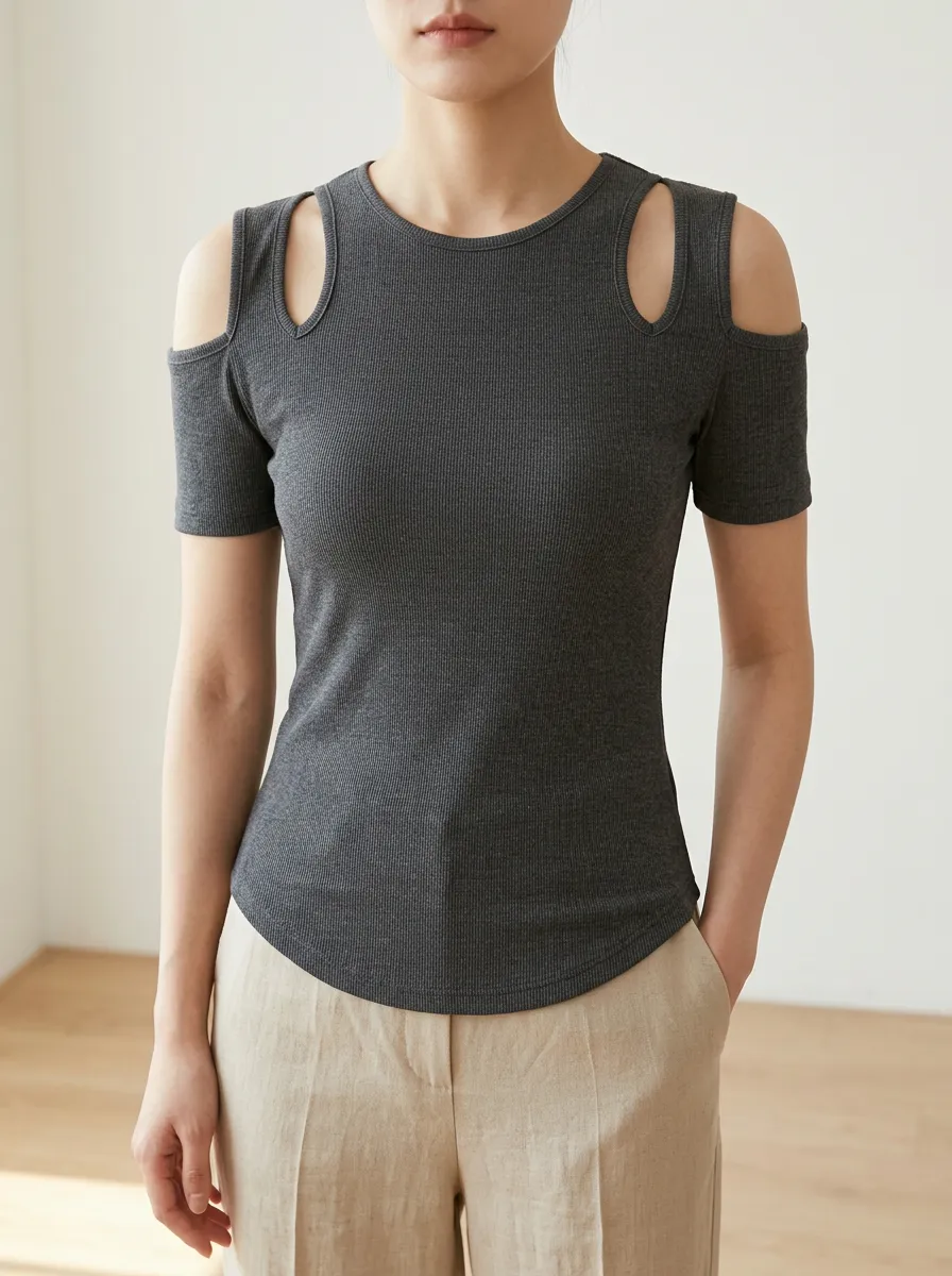 Women's Casual Ribbed Cold Shoulder Short Sleeve Top