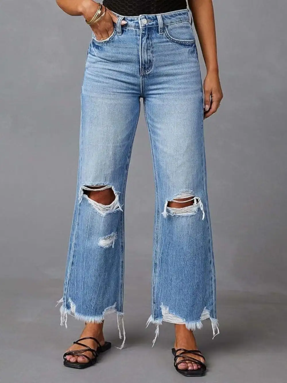 Clean Flare Leg Raw Hem Distressed Denim Jeans