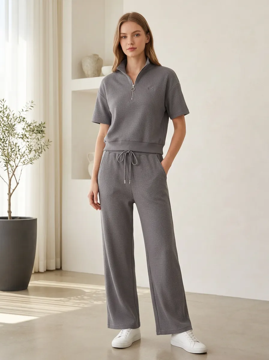Women's Casual Waffle Knit Quarter-Zip Top and Wide-Leg Pants Set