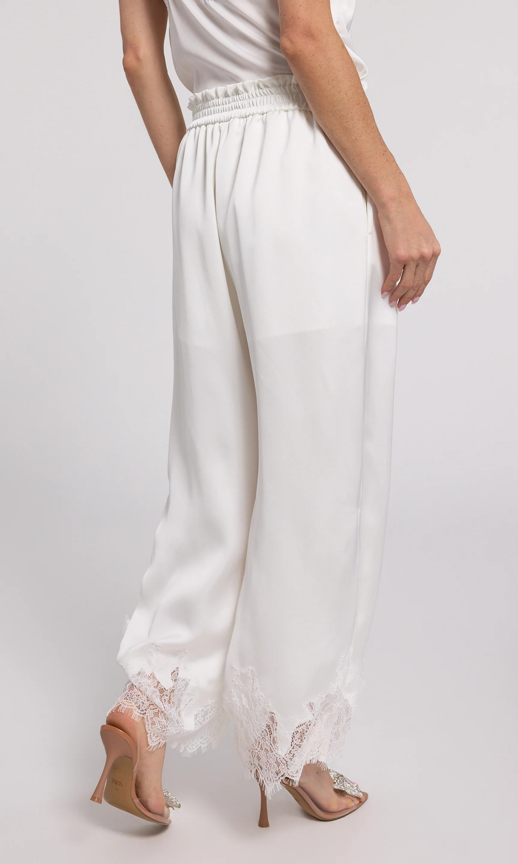 White Lace Panel Satin Pants