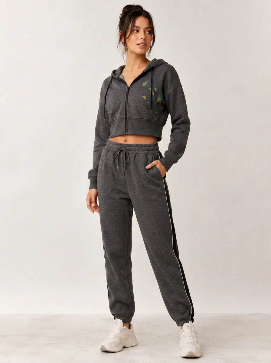 Women's Athletic Gym Geometric Printed Crop Hoodie Jogger Set