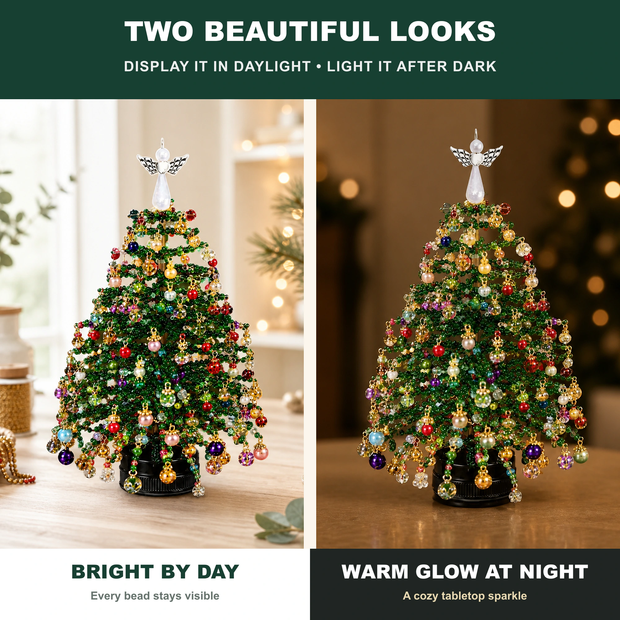 Classic Green tabletop tree shown in bright daylight and with warm light after dark