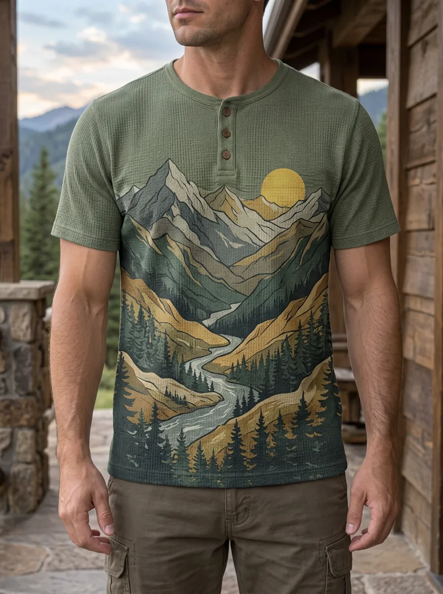 Men's Mountain River Landscape Printed Henley T-Shirt